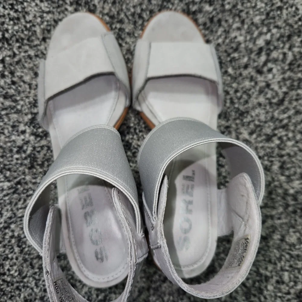 Sorel Nadia Sandal Grey Sz 6.5 Ankle Strap Elastic,Chunky Heel Lug Slip On Chic